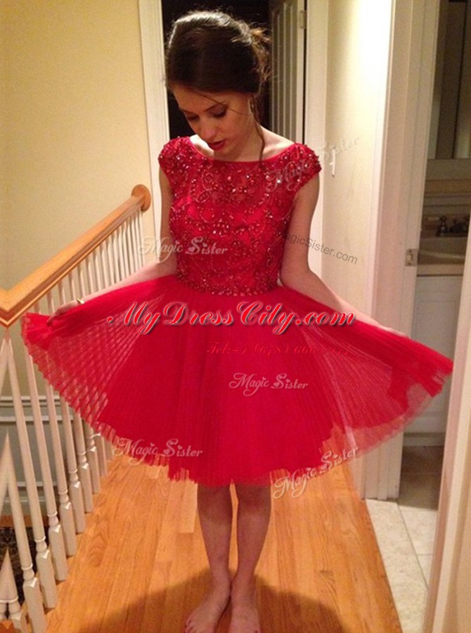 Glamorous Cap Sleeves Tulle Knee Length Zipper Prom Dress in Red with Beading