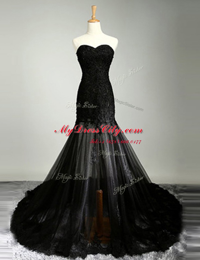 Black Mermaid Tulle Sweetheart Sleeveless Lace With Train Zipper Prom Evening Gown Brush Train