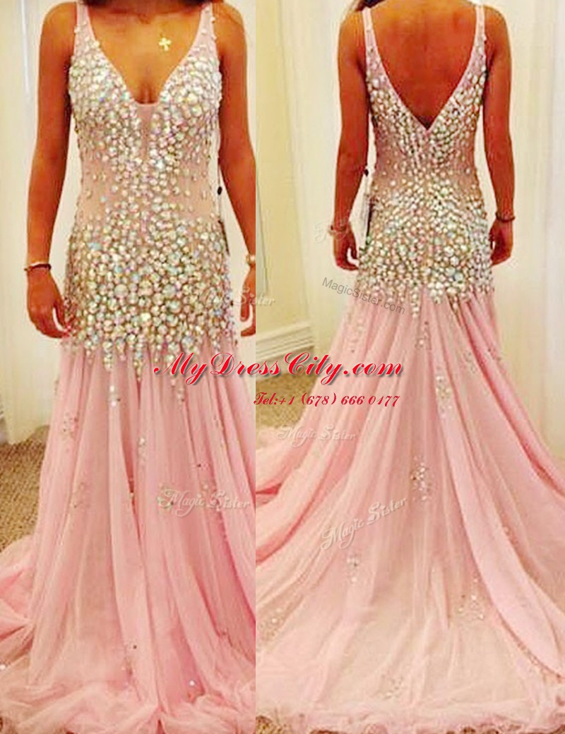 Best Court Train Mermaid Prom Gown Pink V-neck Tulle Sleeveless Zipper