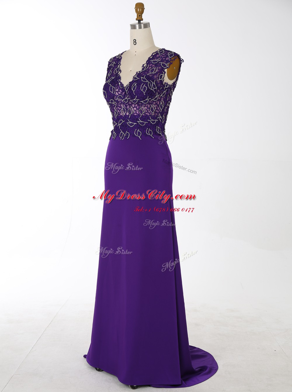 Decent With Train Mermaid Sleeveless Purple Evening Dress Brush Train Zipper