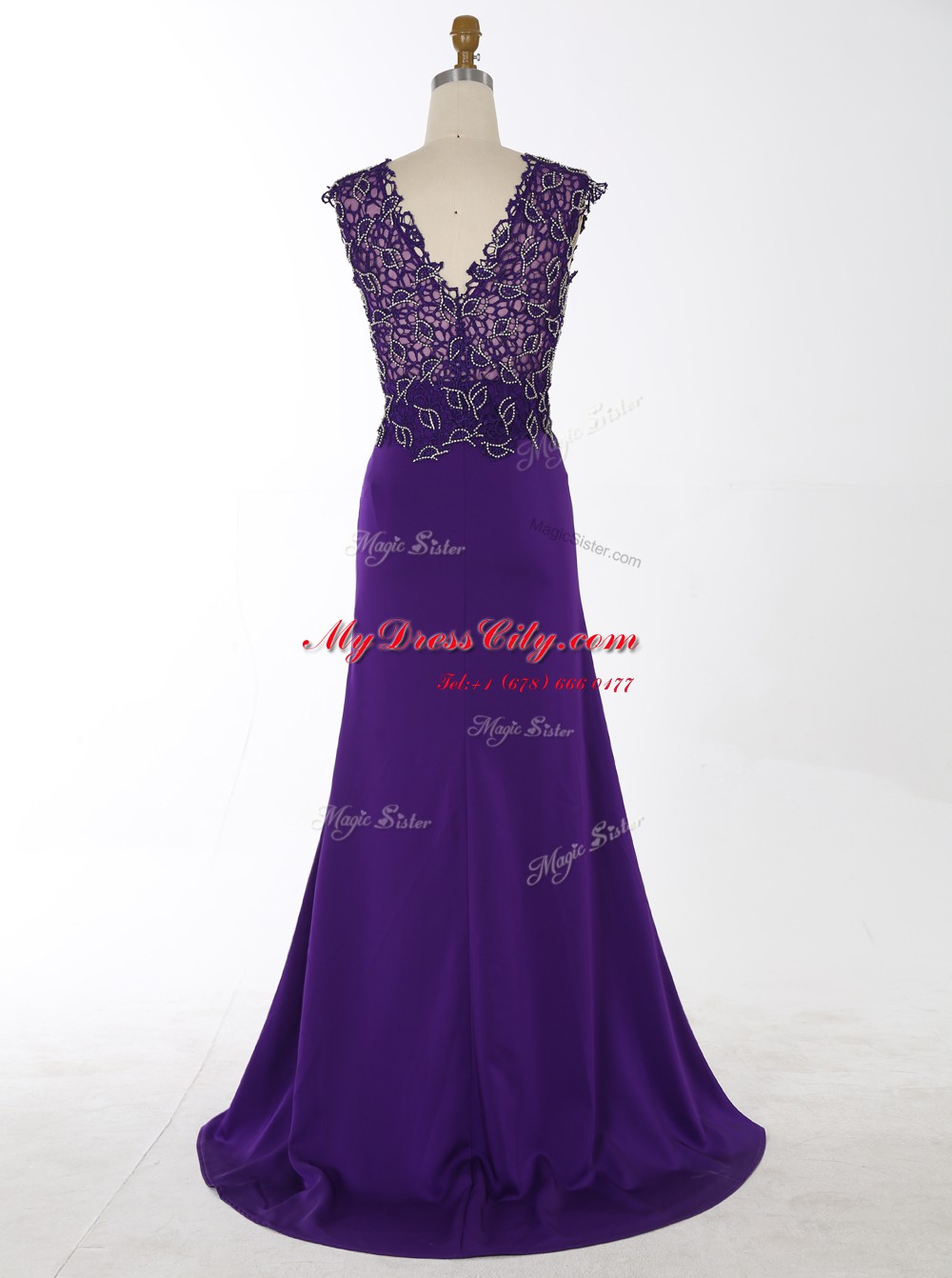 Decent With Train Mermaid Sleeveless Purple Evening Dress Brush Train Zipper