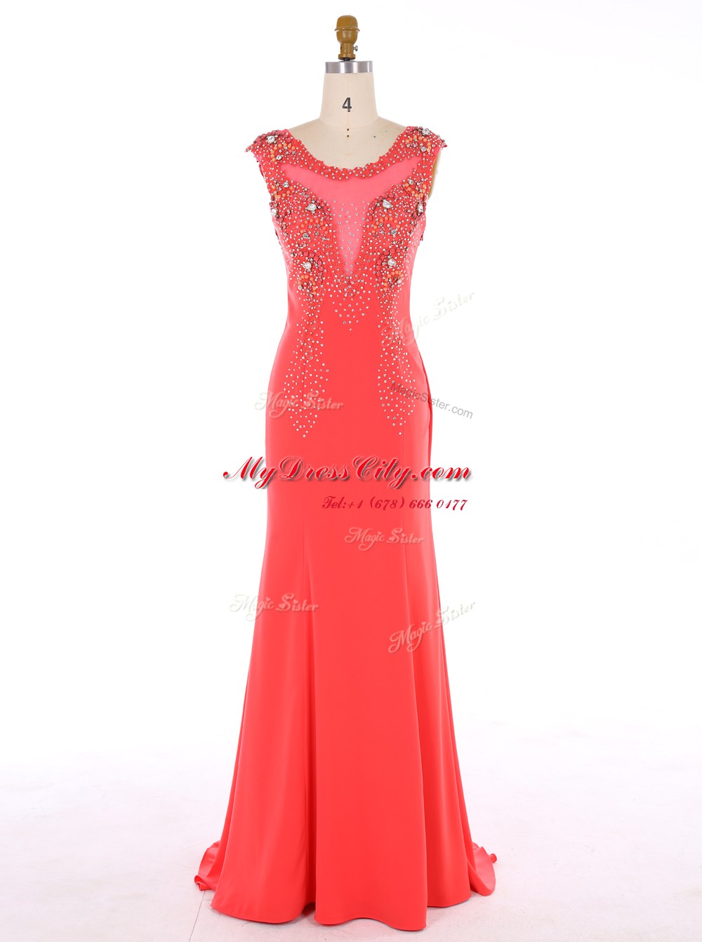 Scoop Mermaid Sleeveless Watermelon Red Prom Dresses Brush Train Zipper