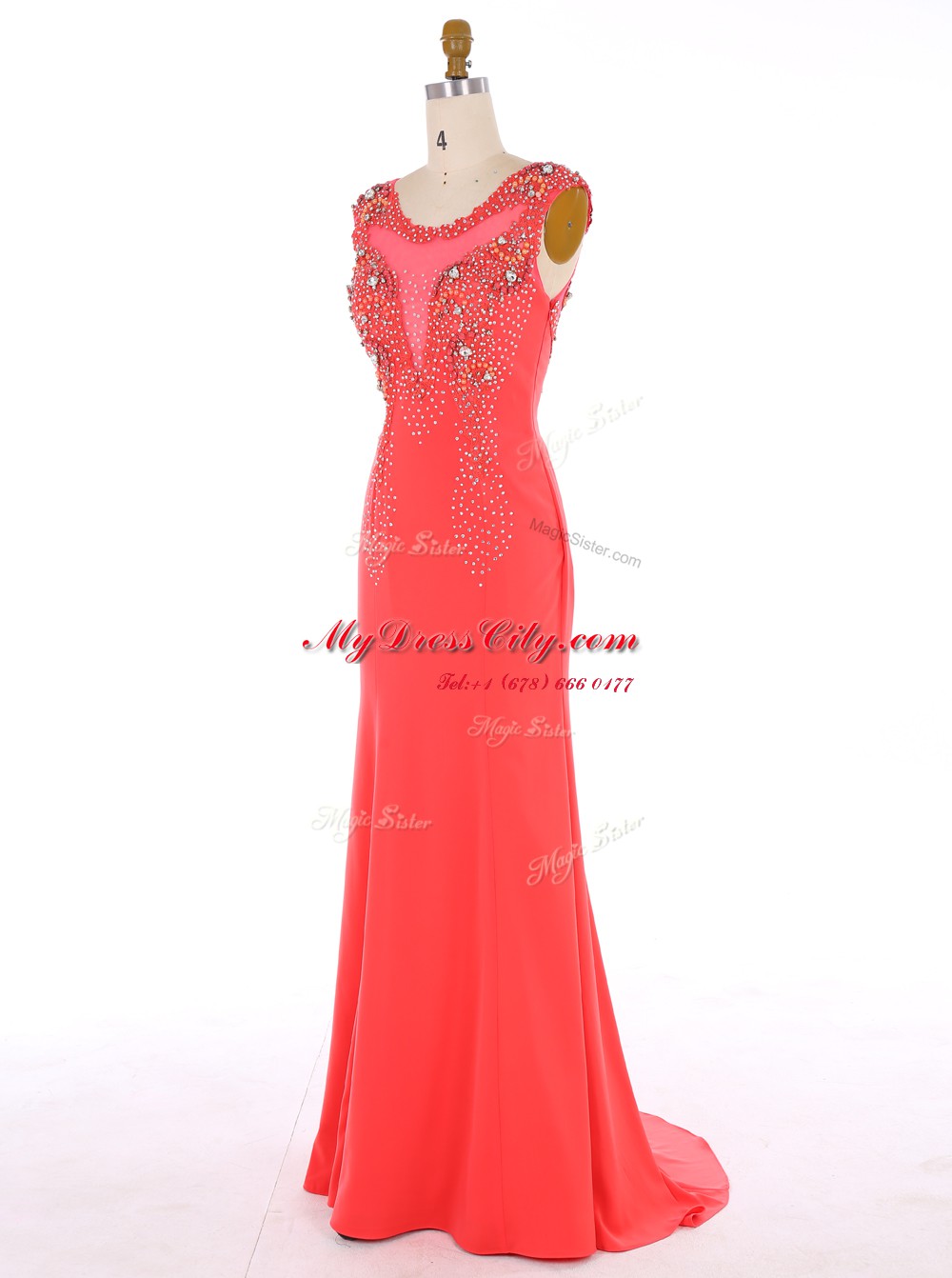 Scoop Mermaid Sleeveless Watermelon Red Prom Dresses Brush Train Zipper