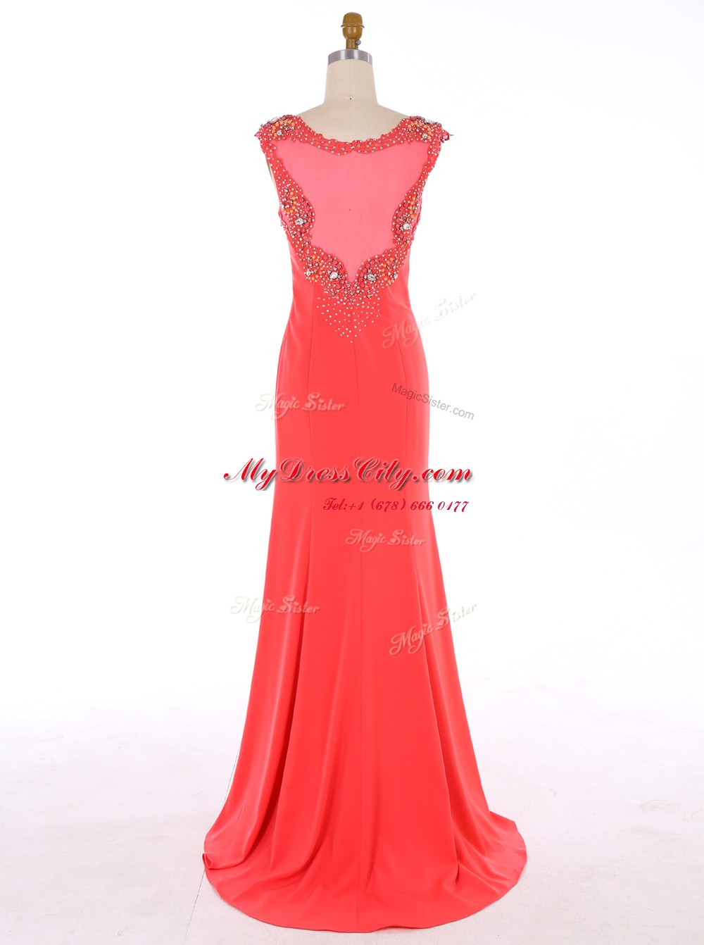 Scoop Mermaid Sleeveless Watermelon Red Prom Dresses Brush Train Zipper