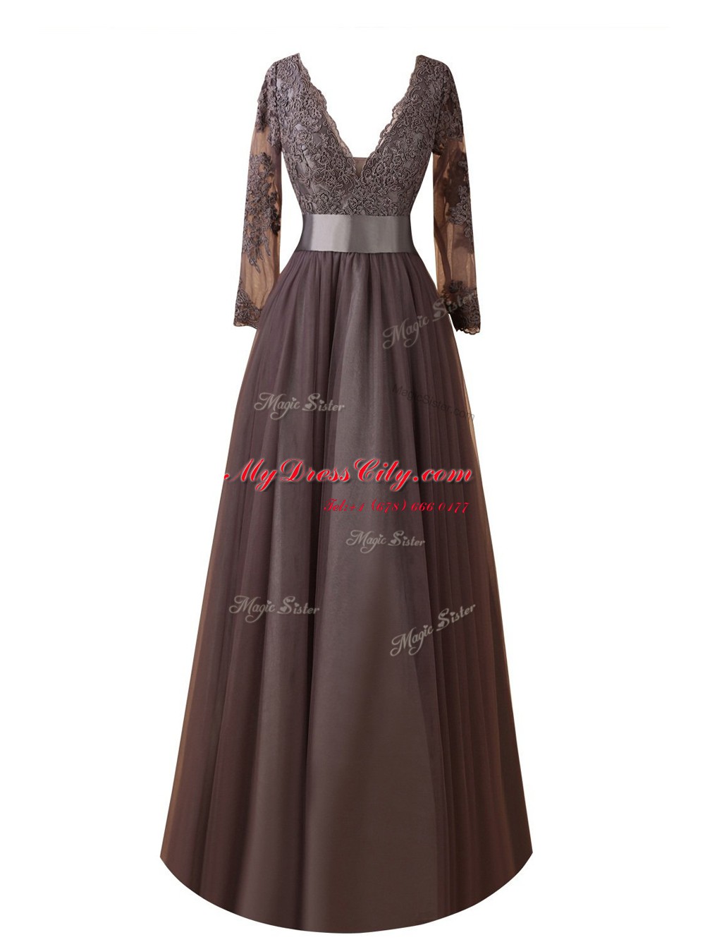 High Quality Brown Zipper Evening Dress Lace Long Sleeves Floor Length