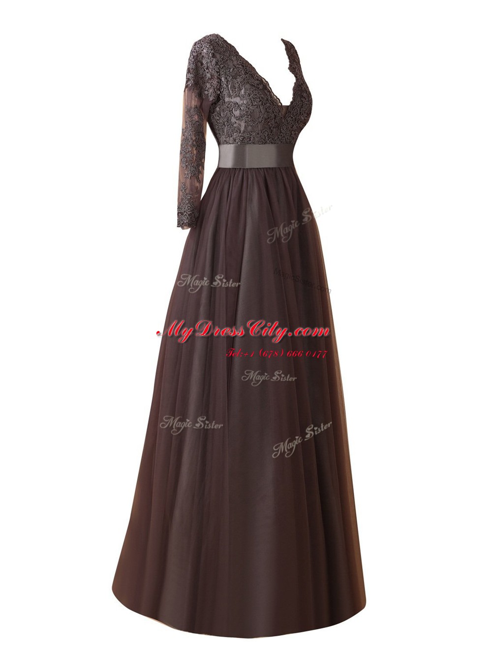 High Quality Brown Zipper Evening Dress Lace Long Sleeves Floor Length