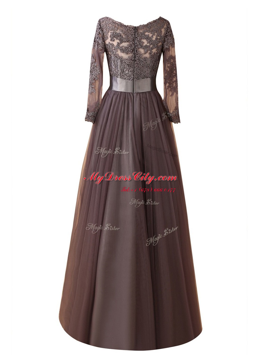 High Quality Brown Zipper Evening Dress Lace Long Sleeves Floor Length