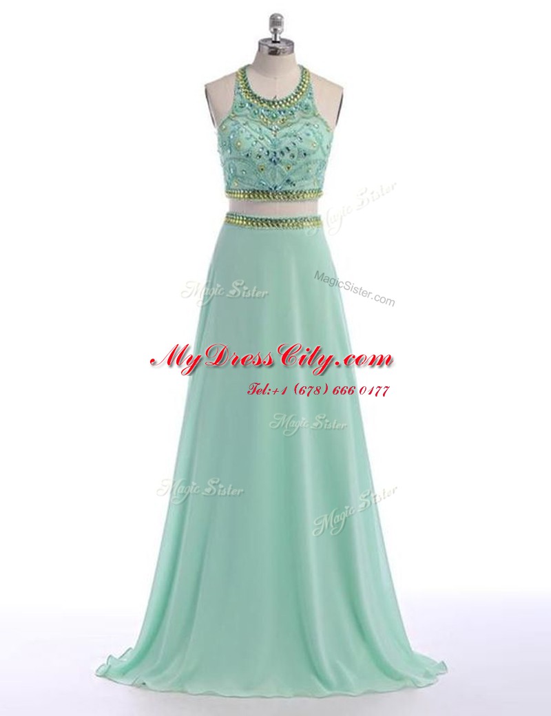 Adorable Scoop Apple Green Sleeveless Chiffon Sweep Train Criss Cross Prom Party Dress for Prom