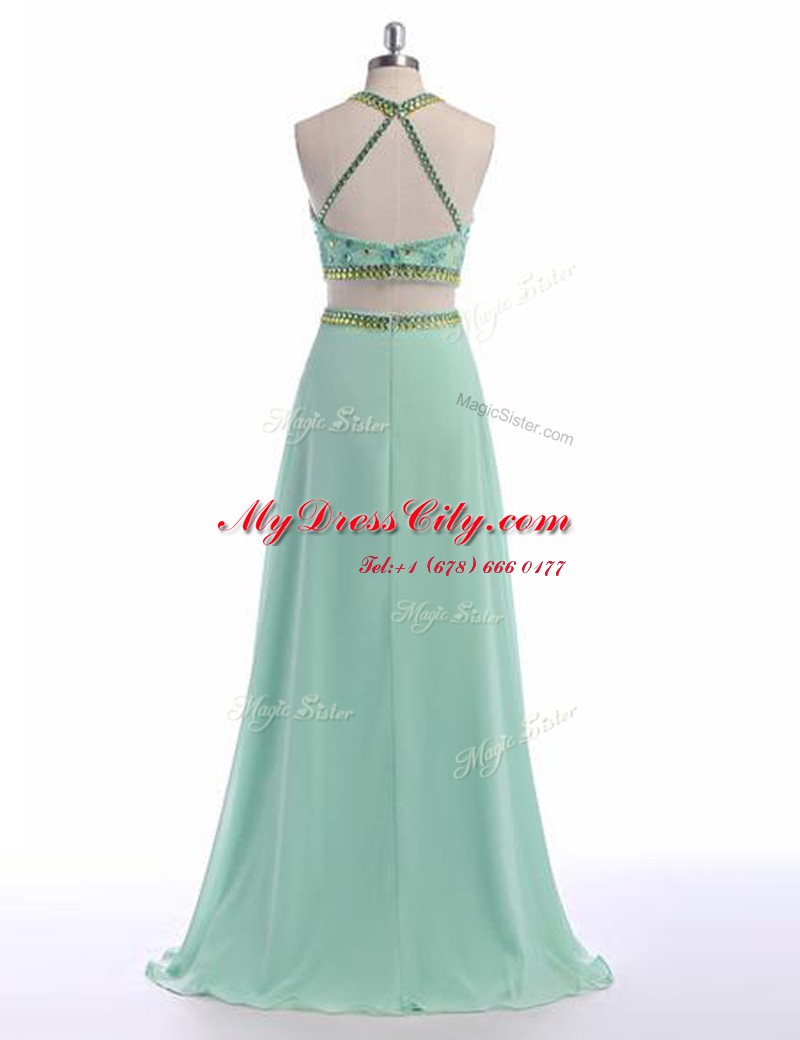 Adorable Scoop Apple Green Sleeveless Chiffon Sweep Train Criss Cross Prom Party Dress for Prom