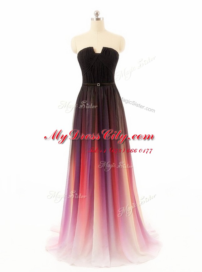 Fantastic Belt Prom Dress Multi-color Zipper Sleeveless With Train Sweep Train