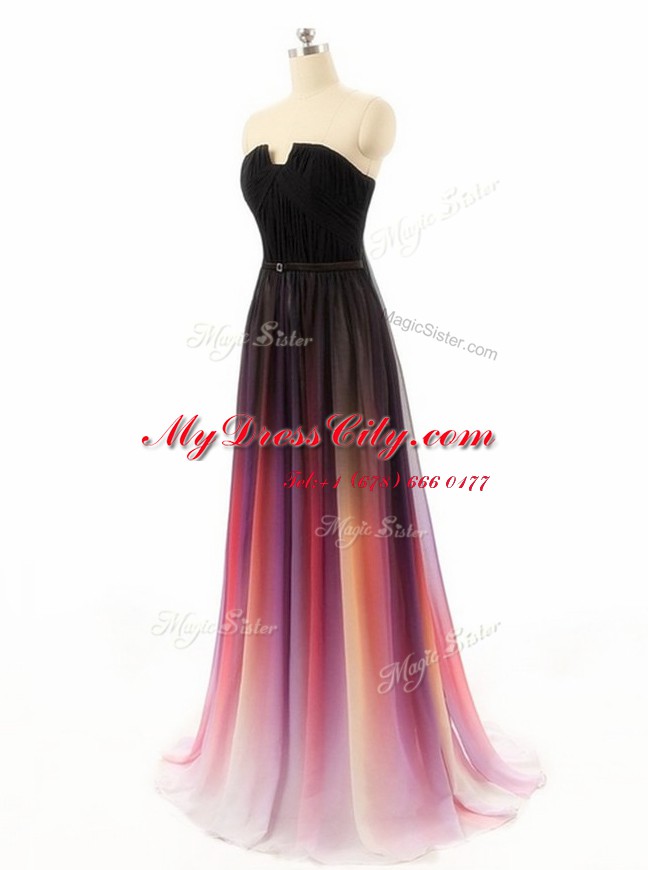 Fantastic Belt Prom Dress Multi-color Zipper Sleeveless With Train Sweep Train