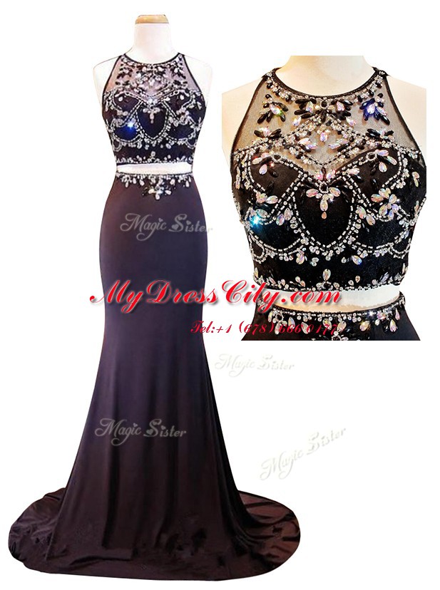 Modest Scoop Sleeveless With Train Beading and Appliques Zipper Prom Party Dress with Purple Court Train