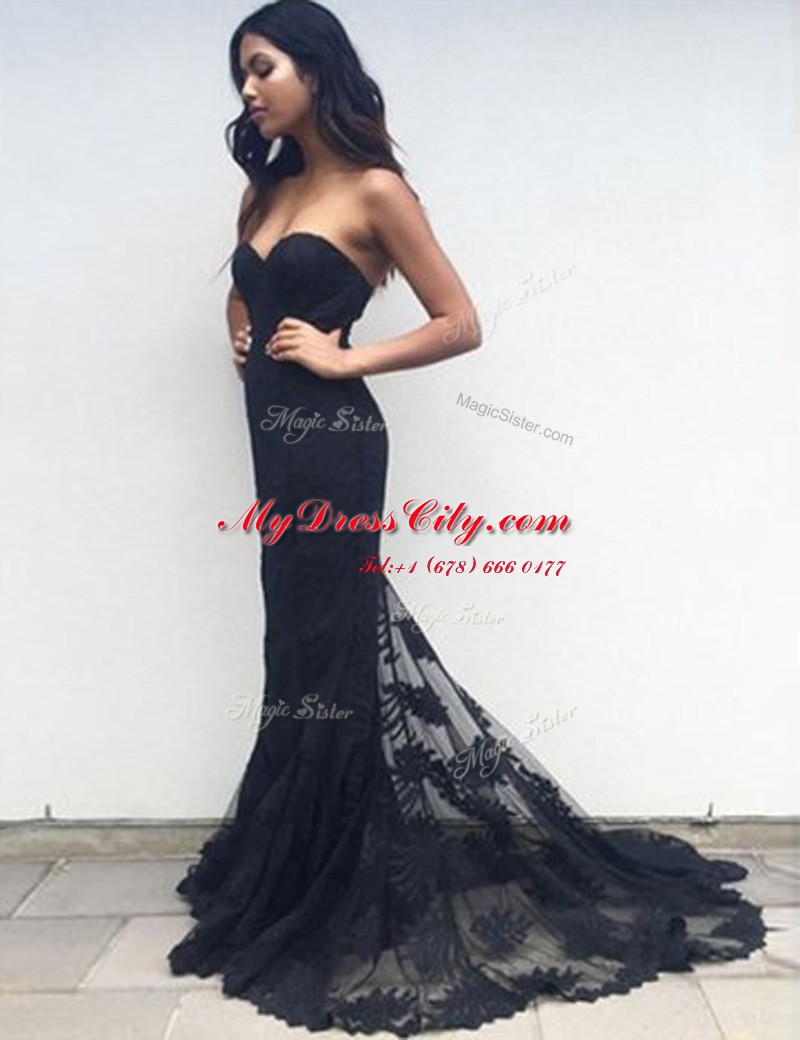 Lovely Mermaid Sweetheart Sleeveless Brush Train Zipper Dress for Prom Black Lace