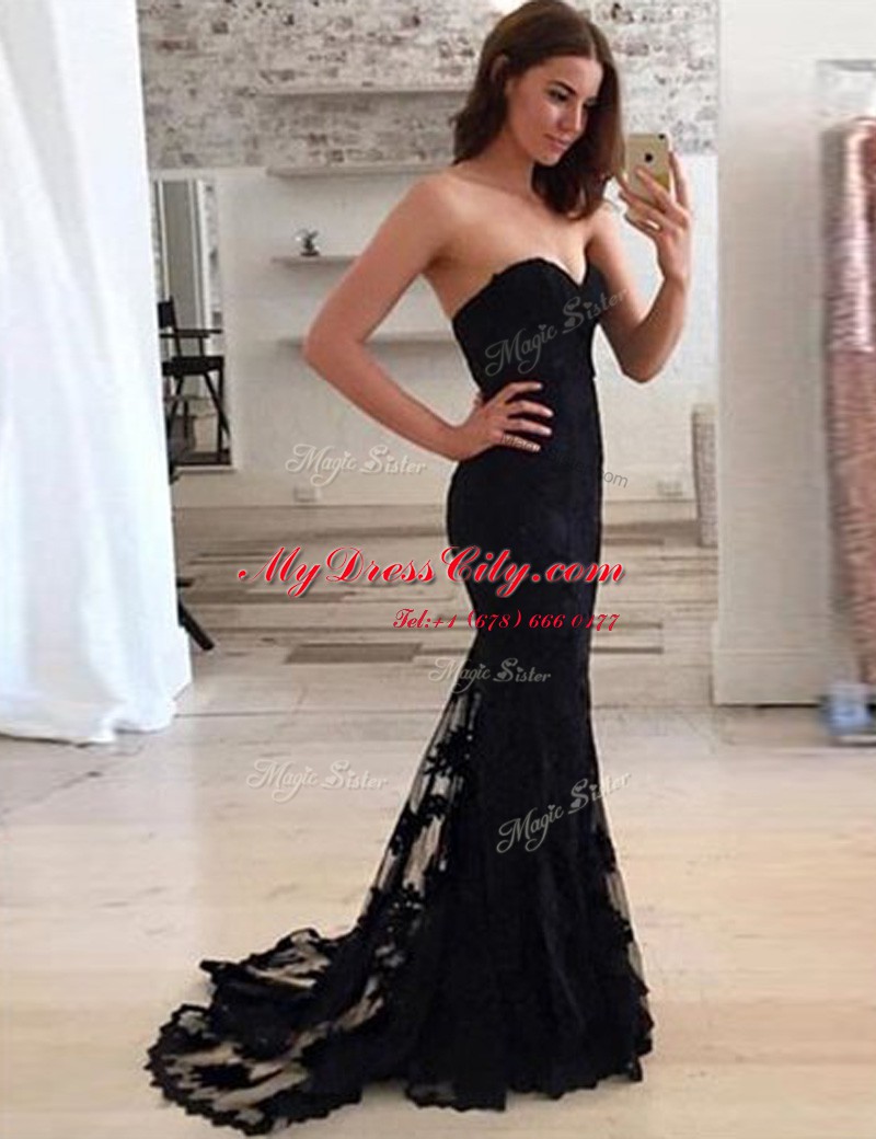 Lovely Mermaid Sweetheart Sleeveless Brush Train Zipper Dress for Prom Black Lace