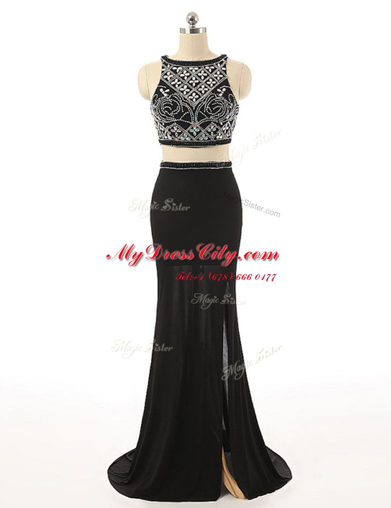 Black Sleeveless Sweep Train Beading With Train Prom Dresses