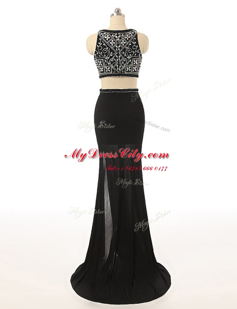 Black Sleeveless Sweep Train Beading With Train Prom Dresses