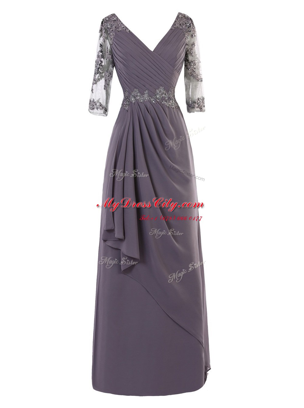 Exquisite Grey Zipper V-neck Beading and Appliques and Ruching Evening Dress Chiffon Long Sleeves