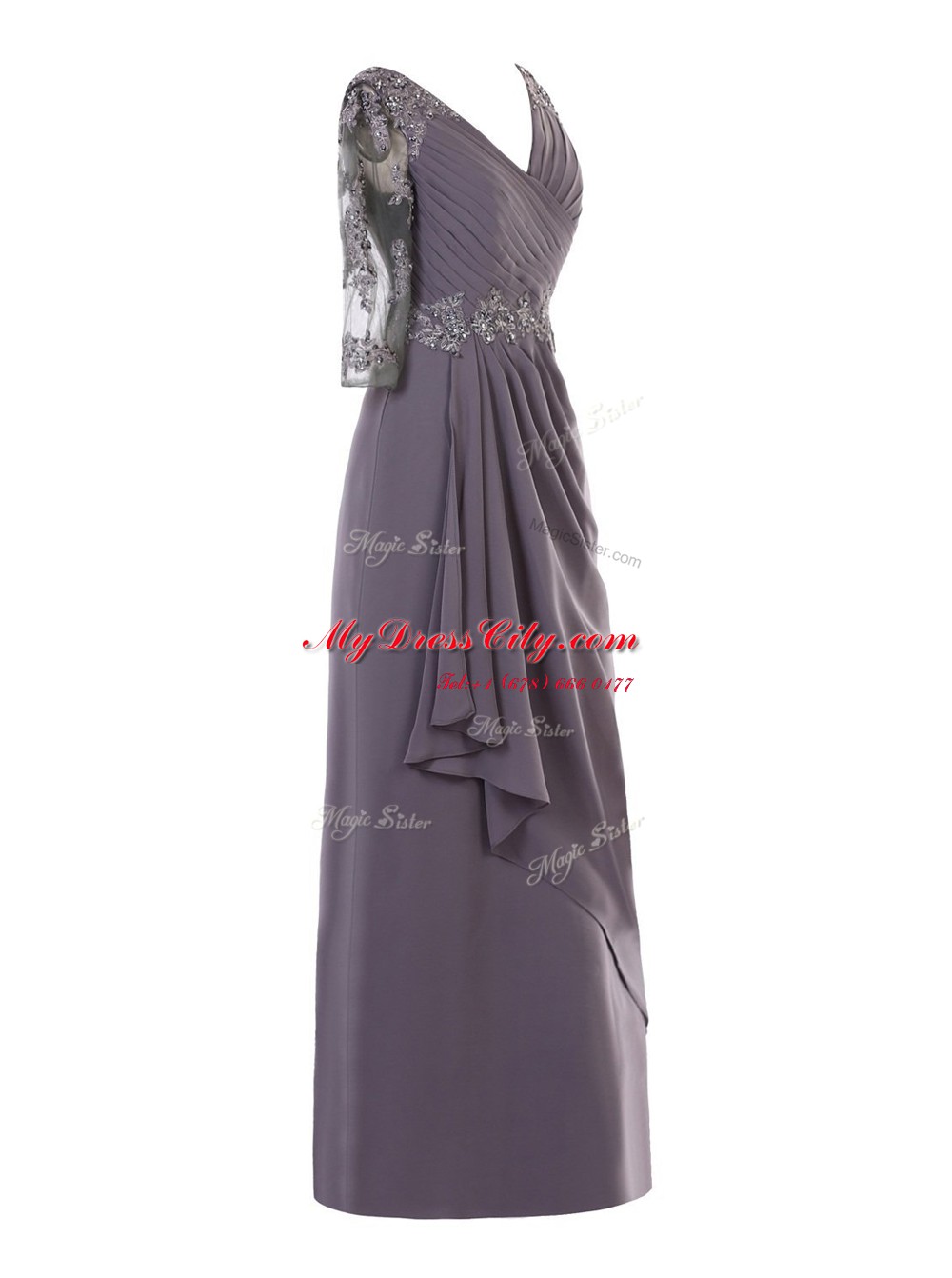 Exquisite Grey Zipper V-neck Beading and Appliques and Ruching Evening Dress Chiffon Long Sleeves