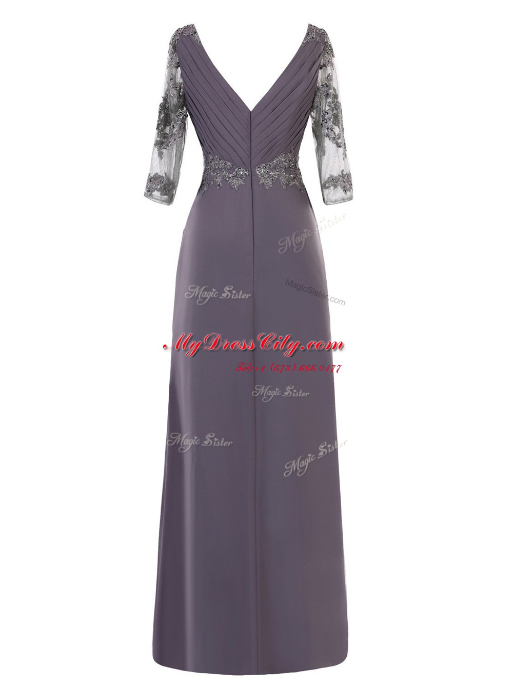 Exquisite Grey Zipper V-neck Beading and Appliques and Ruching Evening Dress Chiffon Long Sleeves