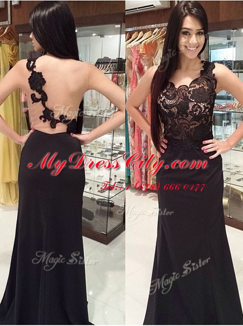 Mermaid Black Zipper Scoop Lace Prom Dress Chiffon Sleeveless Brush Train