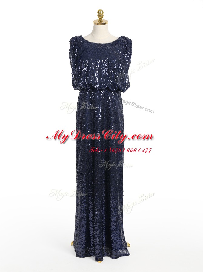 High End Scoop Sleeveless Sequined Floor Length Zipper Homecoming Dress in Navy Blue with Sequins