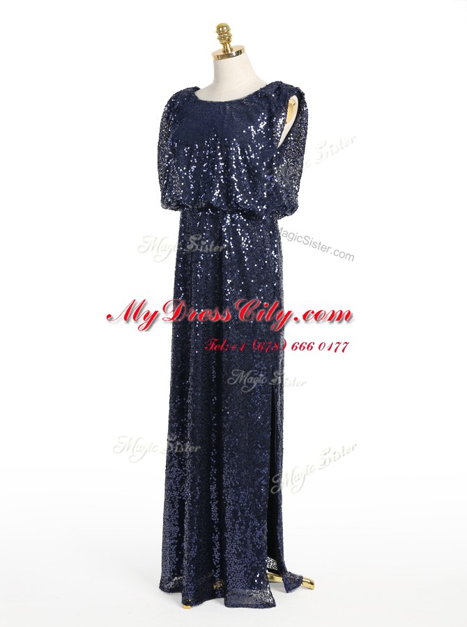 High End Scoop Sleeveless Sequined Floor Length Zipper Homecoming Dress in Navy Blue with Sequins