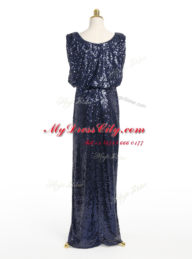 High End Scoop Sleeveless Sequined Floor Length Zipper Homecoming Dress in Navy Blue with Sequins