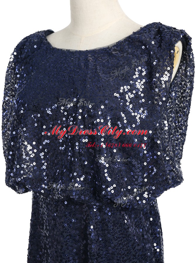 High End Scoop Sleeveless Sequined Floor Length Zipper Homecoming Dress in Navy Blue with Sequins