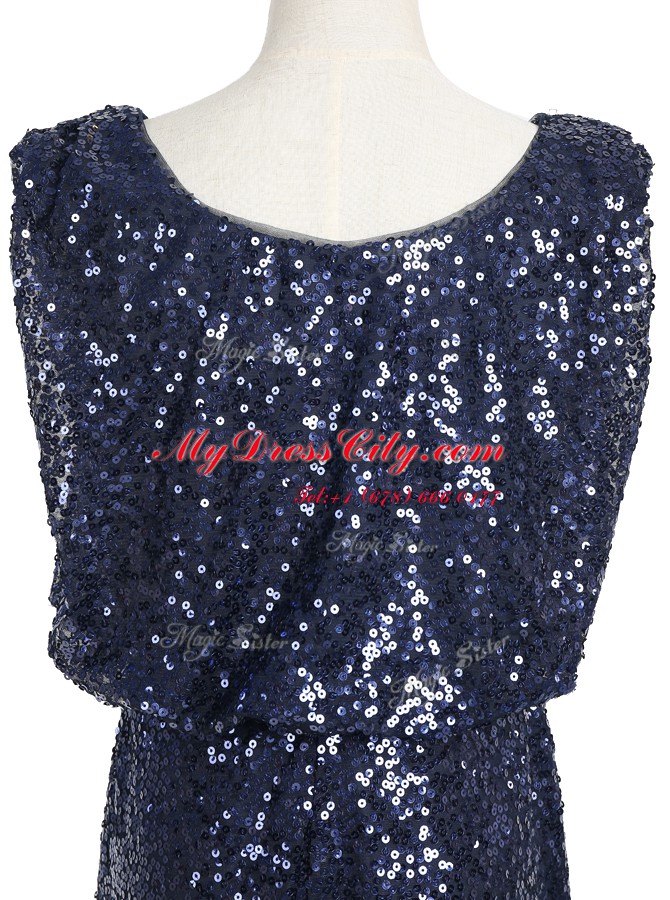 High End Scoop Sleeveless Sequined Floor Length Zipper Homecoming Dress in Navy Blue with Sequins