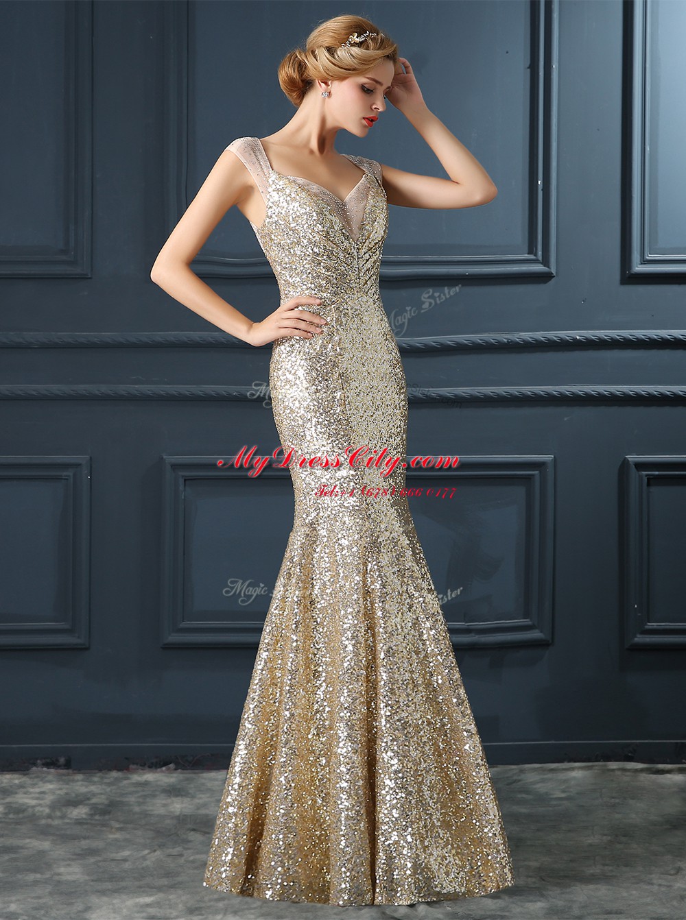 Champagne Mermaid V-neck Sleeveless Sequined Floor Length Zipper Sequins Prom Party Dress