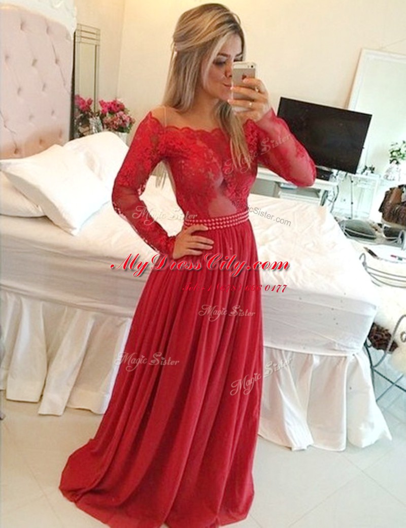 High Class Off the Shoulder Long Sleeves Zipper Floor Length Appliques Dress for Prom