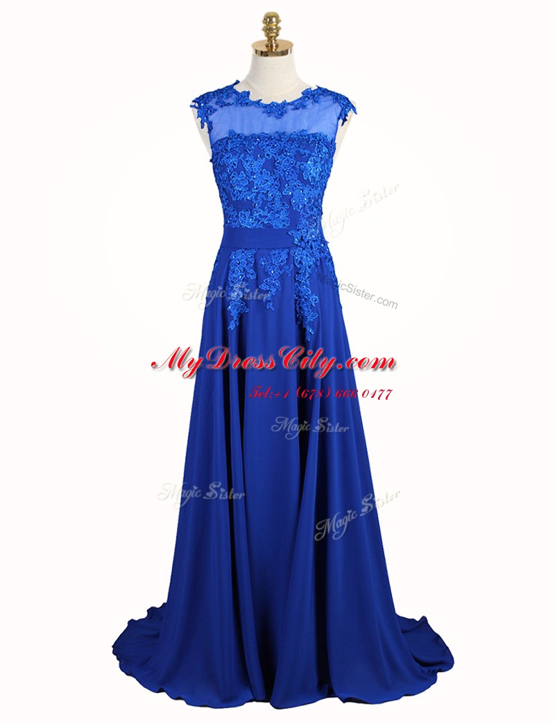 Artistic Royal Blue A-line Chiffon Scoop Sleeveless Appliques Zipper Prom Evening Gown Brush Train