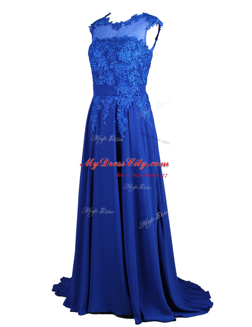 Artistic Royal Blue A-line Chiffon Scoop Sleeveless Appliques Zipper Prom Evening Gown Brush Train