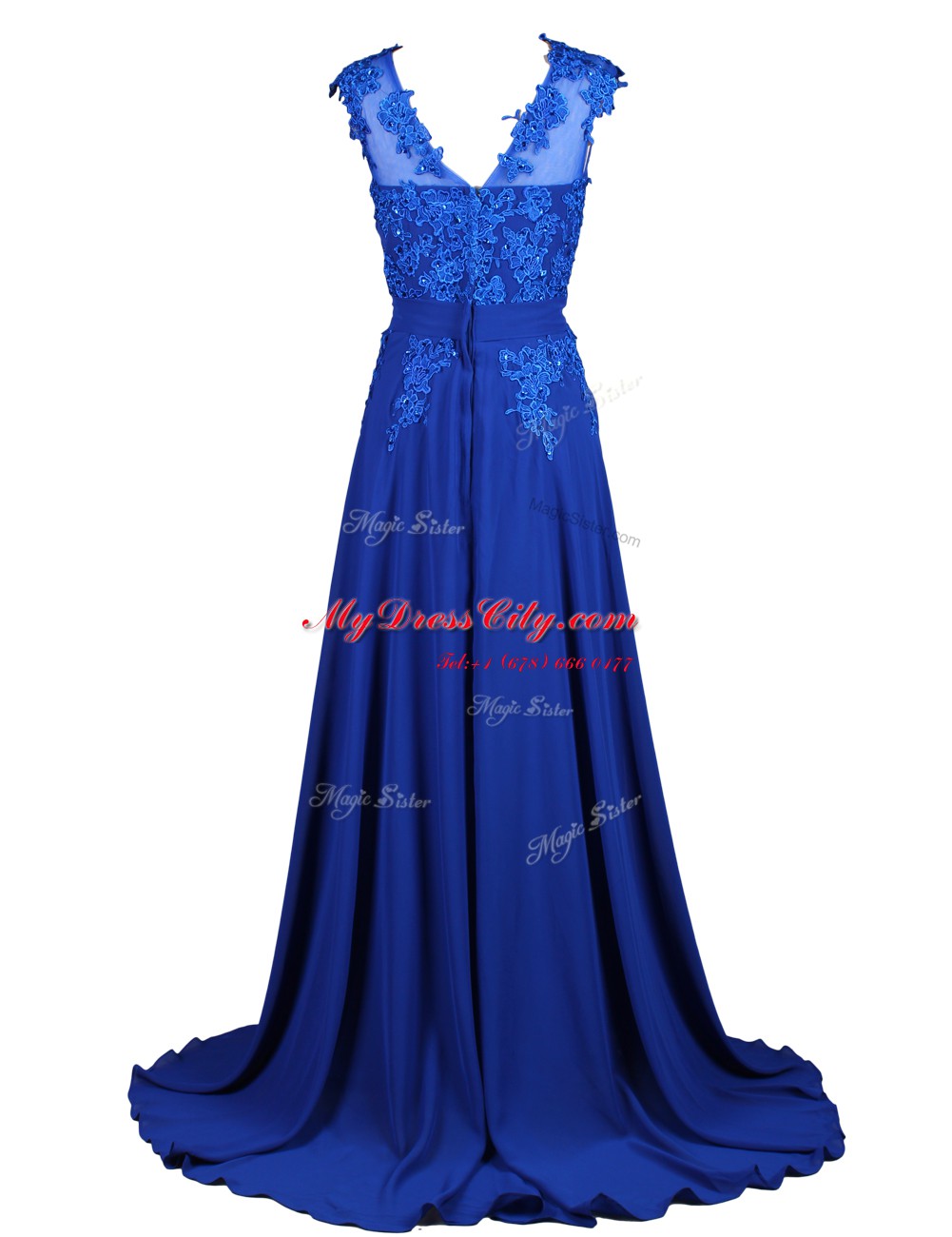 Artistic Royal Blue A-line Chiffon Scoop Sleeveless Appliques Zipper Prom Evening Gown Brush Train