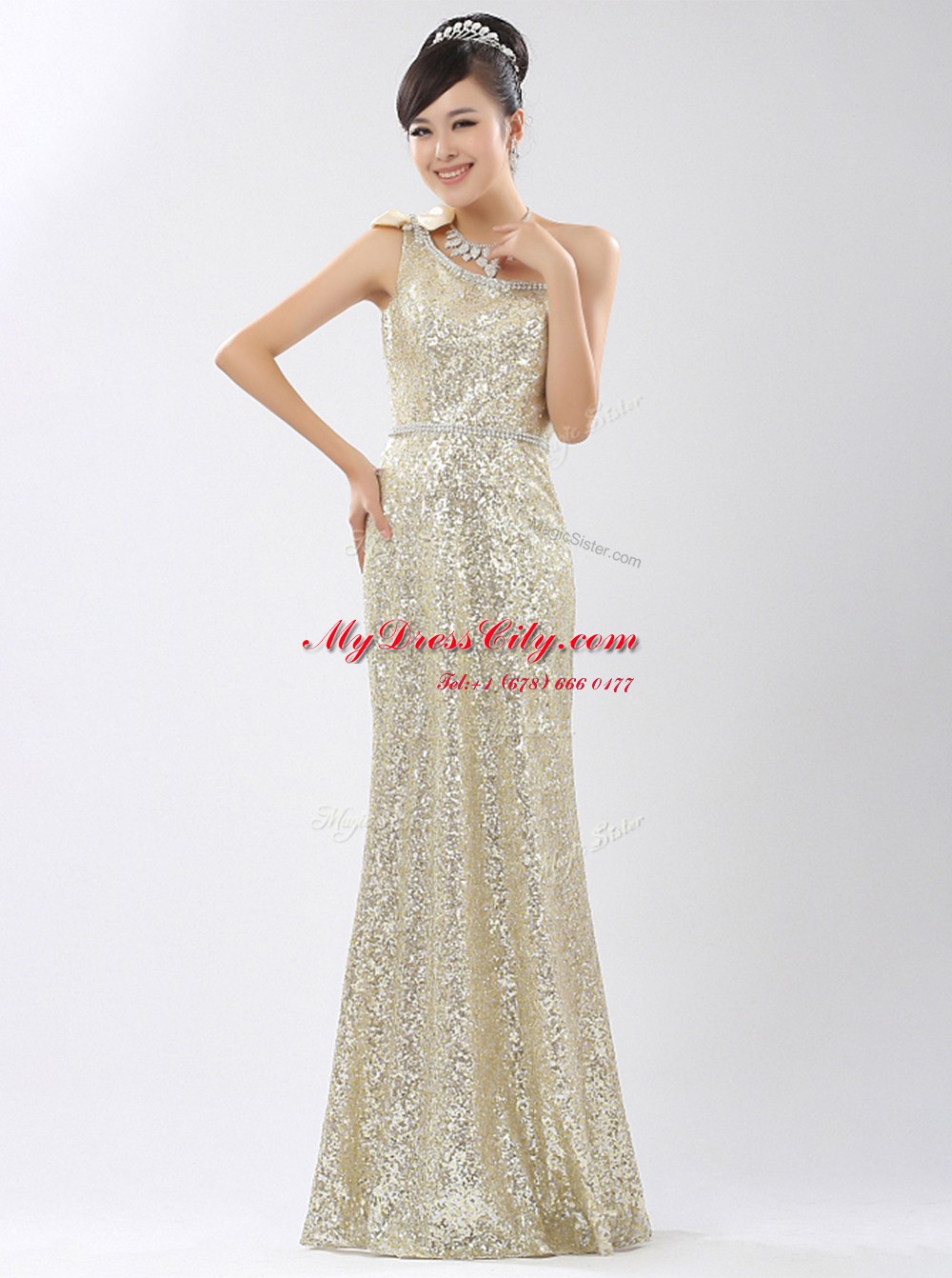 Enchanting One Shoulder Sequins Champagne Sleeveless Sequined Zipper for Prom and Party