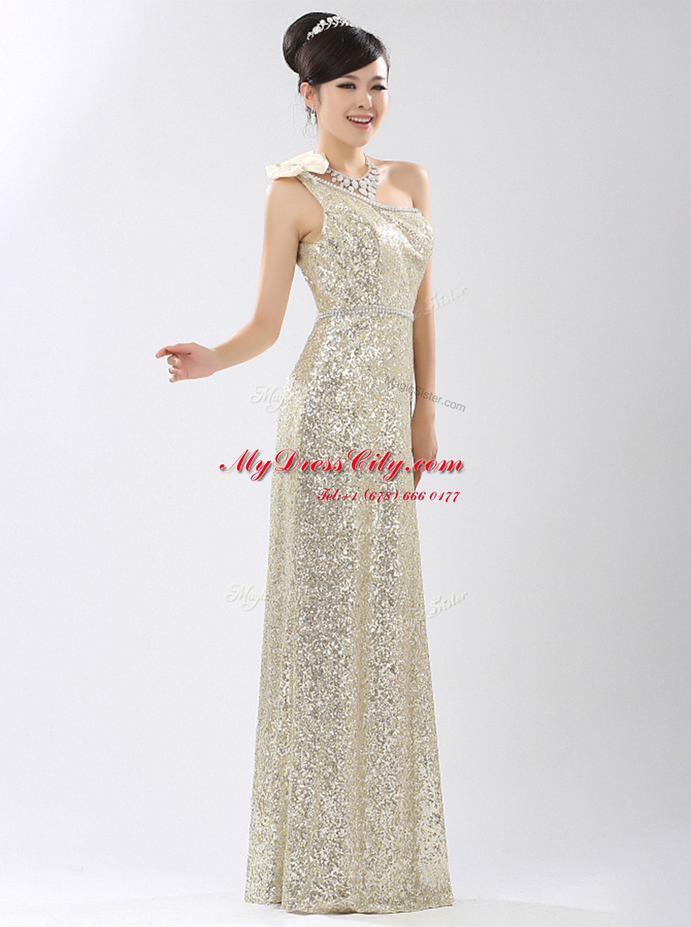 Enchanting One Shoulder Sequins Champagne Sleeveless Sequined Zipper for Prom and Party