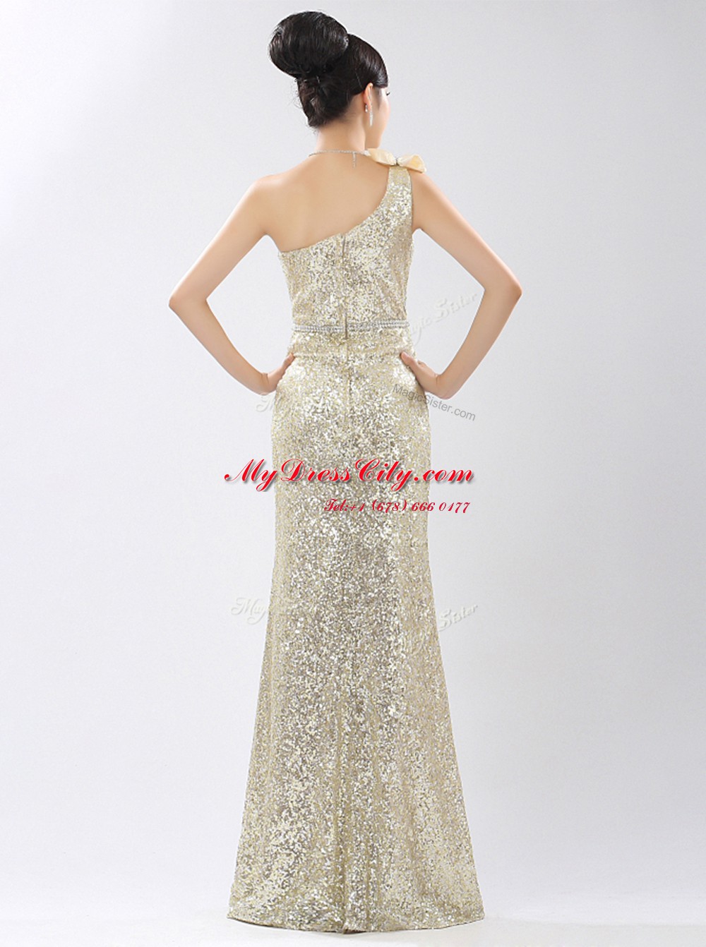 Enchanting One Shoulder Sequins Champagne Sleeveless Sequined Zipper for Prom and Party