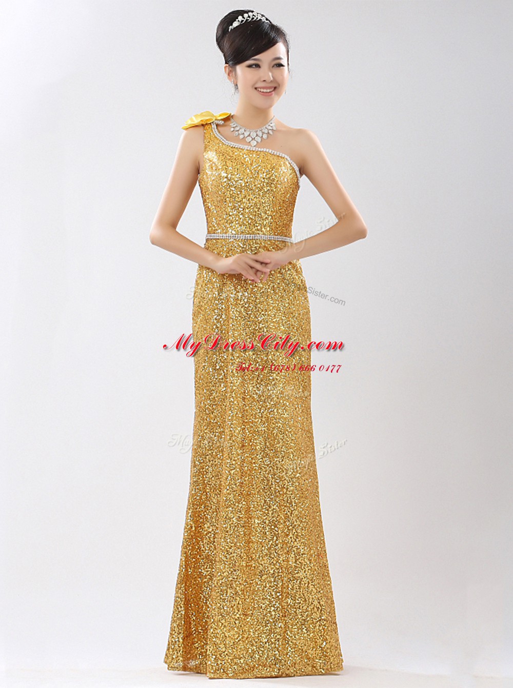 Enchanting One Shoulder Sequins Champagne Sleeveless Sequined Zipper for Prom and Party