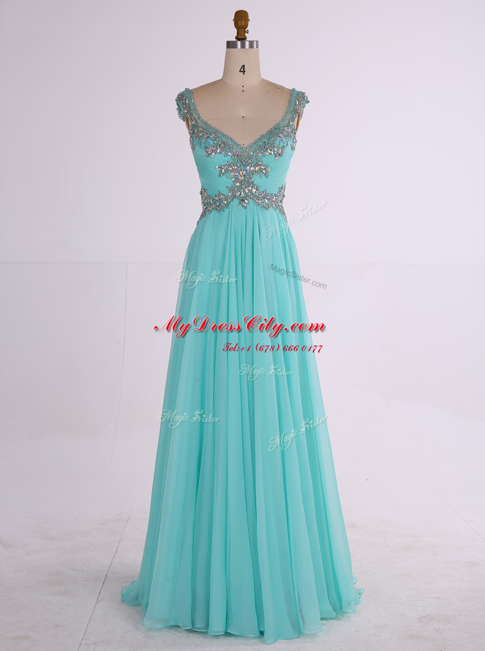 Chiffon Sleeveless Floor Length Prom Party Dress and Beading