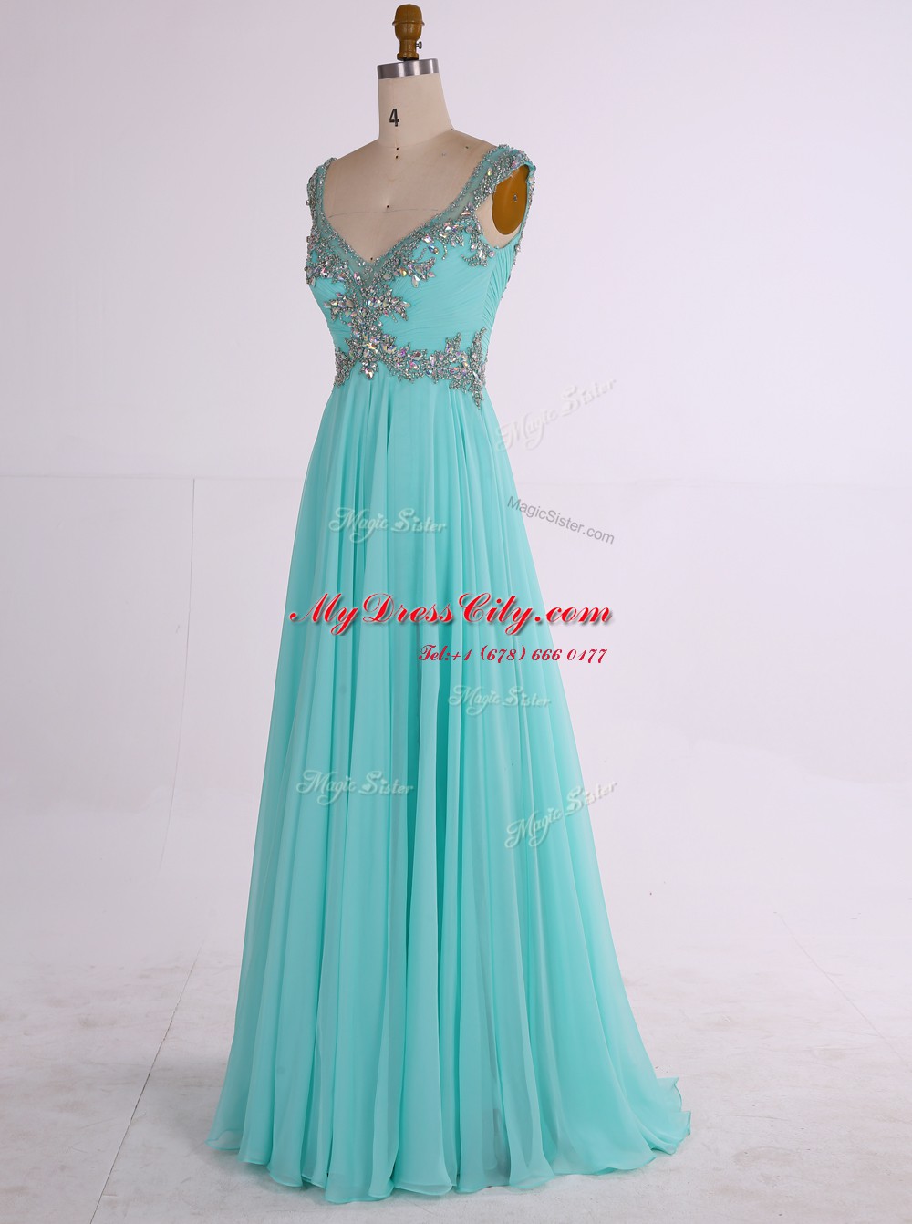 Chiffon Sleeveless Floor Length Prom Party Dress and Beading