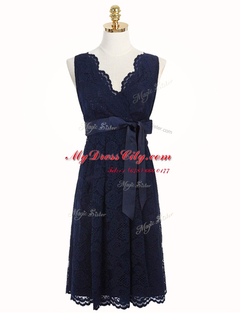 Low Price Navy Blue A-line Lace V-neck Sleeveless Sashes ribbons and Bowknot Knee Length Zipper Prom Evening Gown