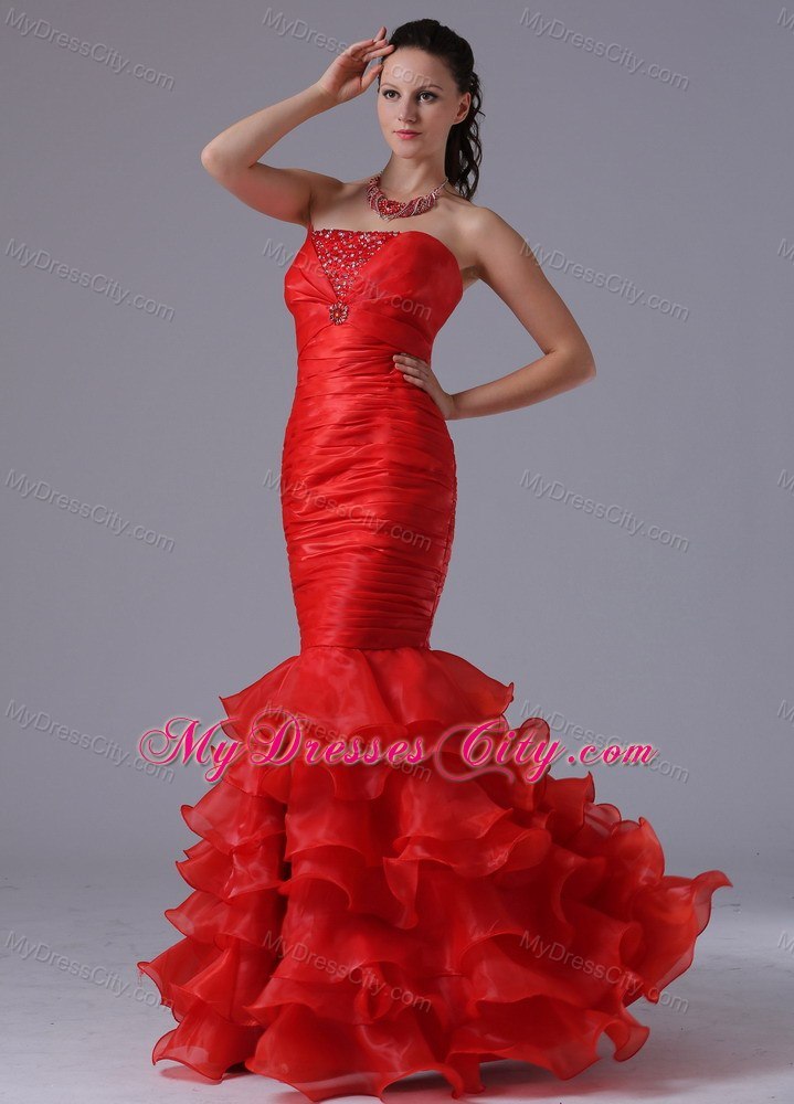 Red Mermaid Sheath Ruffles Layered and Ruches Evening Dresses