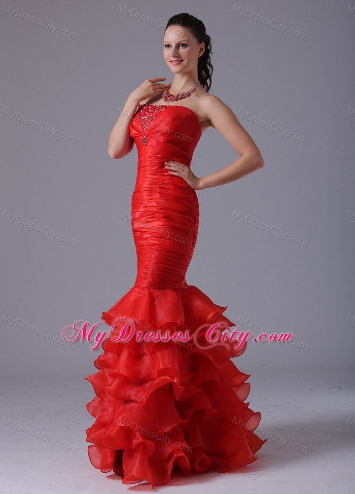 Red Mermaid Sheath Ruffles Layered and Ruches Evening Dresses