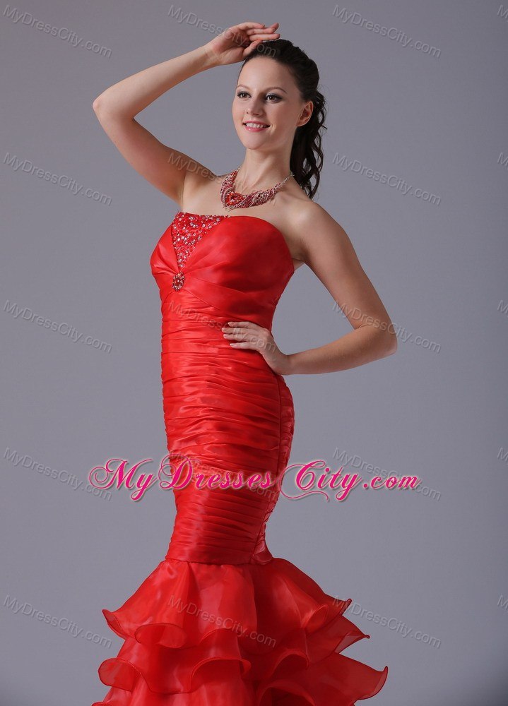 Red Mermaid Sheath Ruffles Layered and Ruches Evening Dresses