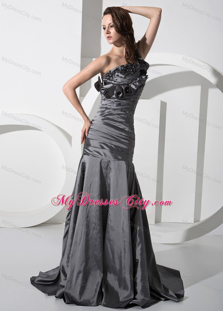 Custom Made Silver Evening Dresses with Ruches and Beading