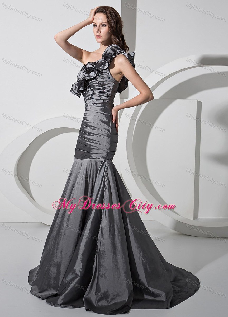 Custom Made Silver Evening Dresses with Ruches and Beading