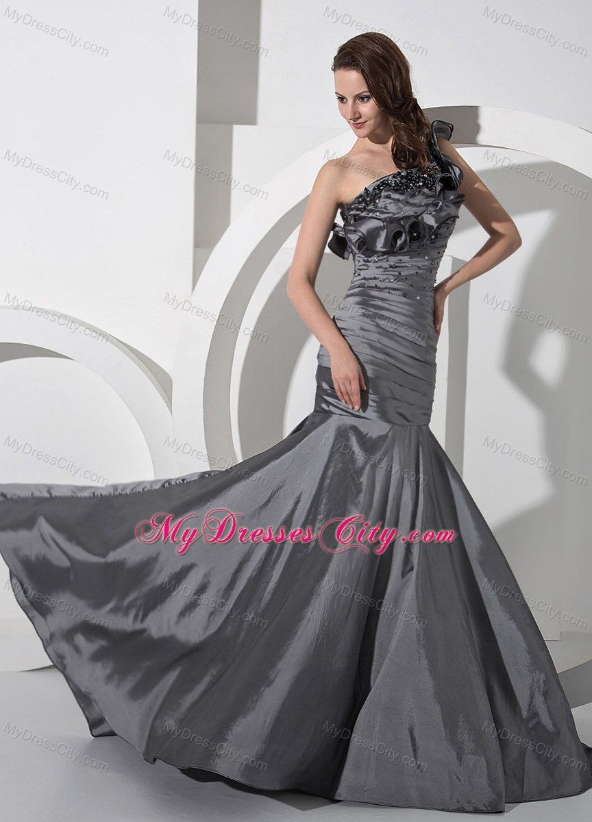 Custom Made Silver Evening Dresses with Ruches and Beading