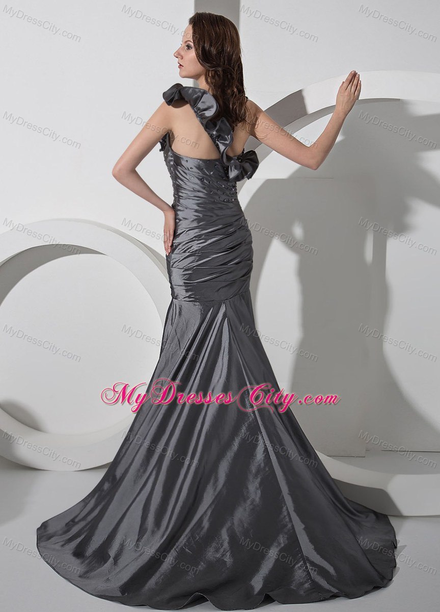 Custom Made Silver Evening Dresses with Ruches and Beading