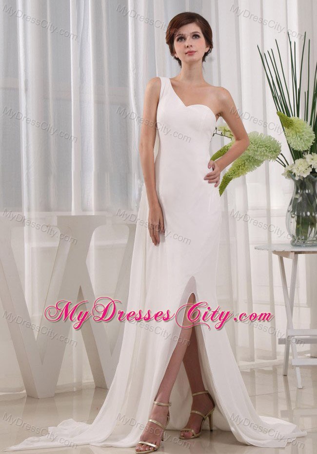 High Slit Column One Shoulder Evening Dress with Watteau Train