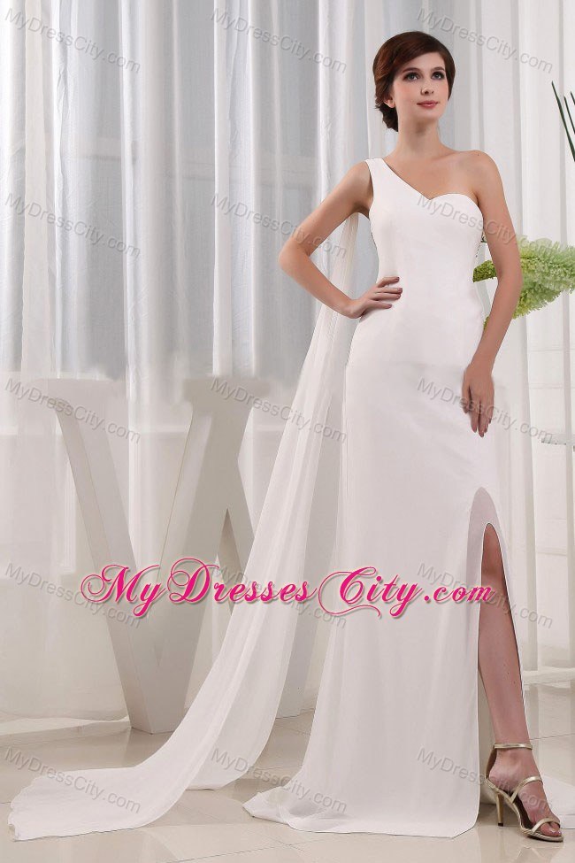 High Slit Column One Shoulder Evening Dress with Watteau Train